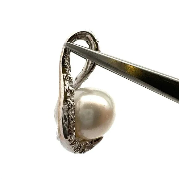 Estate 14k White Gold 10mm Pearl Pave Diamond Accented Statement Pendant